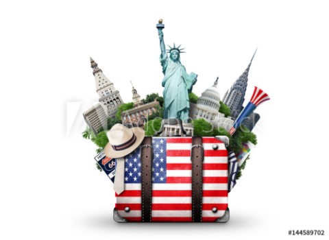 Picture of USA vintage suitcase with American flag and landmarks